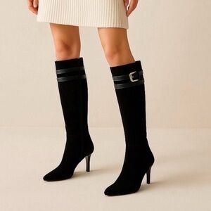 Cole Haan Black Suede Knee-High Boots Nike Air Buckle Heel Size 8.5